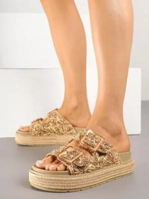 Ciemnobeżowe Klapki na Grubej Podeszwie Ozdobione Plecionką i Klamrami Ronella bellucci