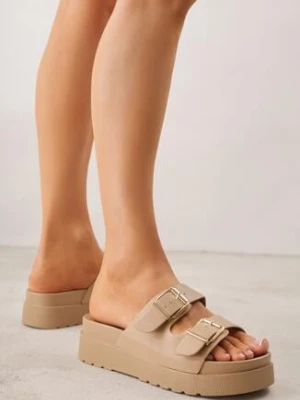 Ciemnobeżowe Klapki na Grubej Podeszwie z Dwoma Klamrami Xenienne