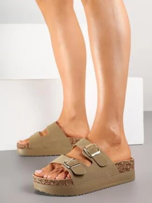 Ciemnobeżowe Klapki na Grubej Podeszwie z Dwoma Paskami Dolarielle mulanka