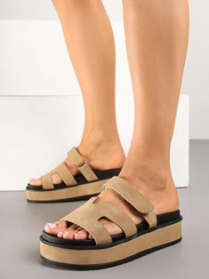 Ciemnobeżowe Klapki na Grubej Podeszwie z Geometryczną Cholewką Ellivon lady glory