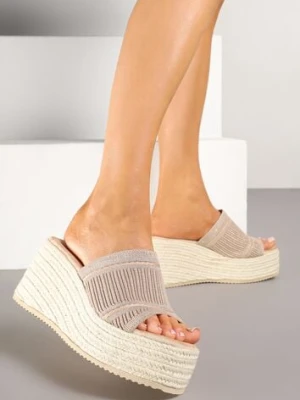 Ciemnobeżowe Klapki na Koturnie i Platformie z Plecionym Sznurkiem Nurisa seastar