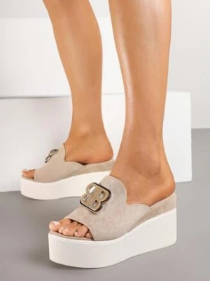 Ciemnobeżowe Klapki na Koturnie Ozdobione Metaliczną Aplikacją Aranivira