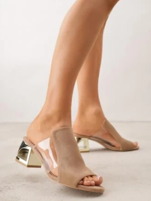 Ciemnobeżowe Klapki na Niskim Słupku ze Skórzaną Wkładką i Transparentnymi Wstawkami Neya