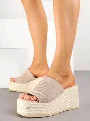 Ciemnobeżowe Klapki na Platformie i Koturnie Ozdobione Plecionym Sznurkiem Nurina seastar