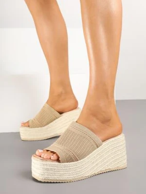 Ciemnobeżowe Klapki na Plecionym Koturnie z Cholewką w Paski Neoviris