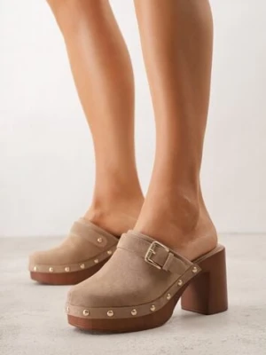 Ciemnobeżowe Klapki na Słupku w Stylu Chodaków z Klamrami i Nitami Semelaia seastar