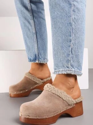 Ciemnobeżowe Klapki Typu Mule na Grubej Podeszwie z Barankiem i Ćwiekami Cretinea