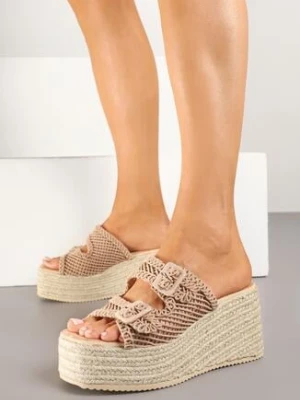 Ciemnobeżowe Klapki Vices na Koturnie z Plecionką w Stylu Boho Edimoria