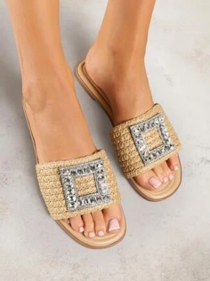 Ciemnobeżowe Klapki Vices z Plecionką i Cyrkoniową Ozdobą Koviarea