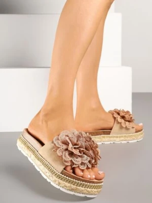 Ciemnobeżowe Klapki z Ozdobą 3D Kinalira gogo gogo