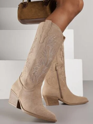 Ciemnobeżowe Klasyczne Kozaki Kowbojki na Stożku Zdobione Haftem Nallesia ideal