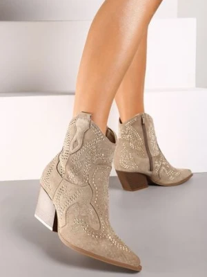 Ciemnobeżowe Kowbojki Botki z Cyrkoniami na Stożkowym Słupku Mevaela