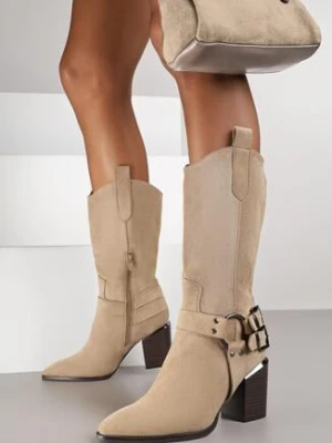 Ciemnobeżowe Kozaki Bikery na Obcasie w Stylu Kowbojek Ansilee