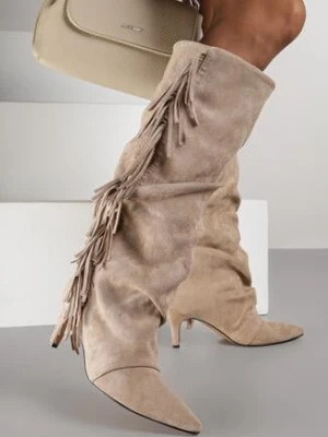 Ciemnobeżowe Kozaki Boho na Szpilce z Frędzlami Mevellana