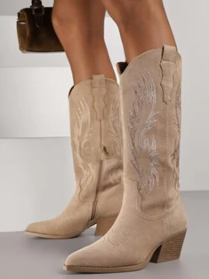 Ciemnobeżowe Kozaki Kowbojki na Stożkowym Obcasie z Haftowaną Cholewką Nallissea ideal