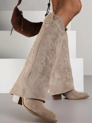 Ciemnobeżowe Kozaki Kowbojki na Stożkowym Obcasie z Wywiniętą Cholewką z Haftem Fenassa marquiiz