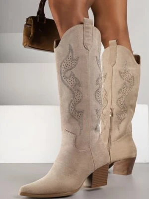 Ciemnobeżowe Kozaki Kowbojki na Stożkowym Obcasie Zdobione Cyrkoniami Nalasania marquiiz