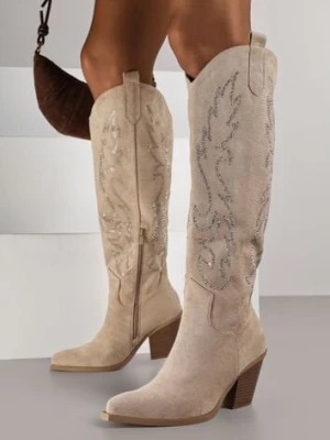 Ciemnobeżowe Kozaki Kowbojki na Stożkowym Obcasie Zdobione Cyrkoniami Nalera marquiiz