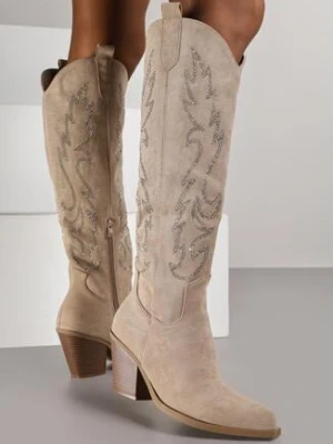 Ciemnobeżowe Kozaki Kowbojki na Stożku z Cholewką w Cyrkoniowy Wzór Nalimia marquiiz