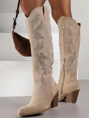 Ciemnobeżowe Kozaki Kowbojki na Stożku z Cholewką Zdobioną Cyrkoniami Zevire marquiiz