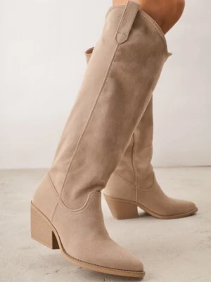 Ciemnobeżowe Kozaki Kowbojki na Stożku z Gładką Cholewką z Imitacji Zamszu Halille joalice paris