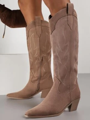 Ciemnobeżowe Kozaki Kowbojki na Stożku z Haftem na Cholewce Gallessa ballada