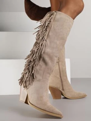 Ciemnobeżowe Kozaki Kowbojki na Stożku z Imitacji Zamszu Zdobione Frędzlami Rabella ideal