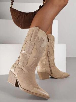 Ciemnobeżowe Kozaki Kowbojki na Stożku z Tłoczoną Cholewką Avrenne