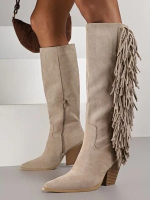 Ciemnobeżowe Kozaki Kowbojki z Imitacji Zamszu z Frędzlami i Stożkowym Obcasem Rafilea ideal