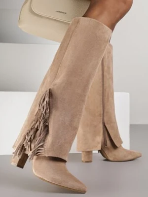 Ciemnobeżowe Kozaki na Słupkowym Obcasie z Cholewką Imitującą Nogawkę z Frędzlami Linafela