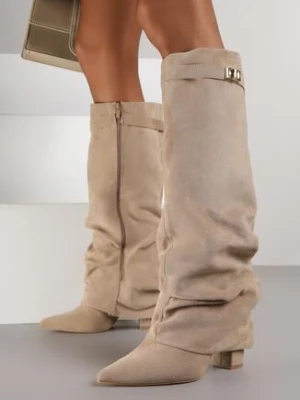 Ciemnobeżowe Kozaki na Słupku z Marszczoną Cholewką Imitującą Nogawkę Rittia