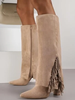 Ciemnobeżowe Kozaki na Słupku z Wywiniętą Cholewką z Frędzlami Linadela