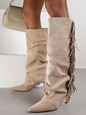 Ciemnobeżowe Kozaki na Szpilce w Stylu Boho Ozdobione Frędzlami Mevinavia