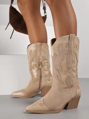 Ciemnobeżowe Kozaki Typu Kowbojki na Stożkowym Obcasie Ozdobione Tłoczeniem Astille