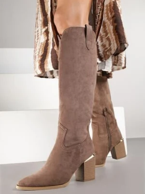 Ciemnobeżowe Kozaki Vices na Obcasie z Metaliczną Aplikacją Rianalla