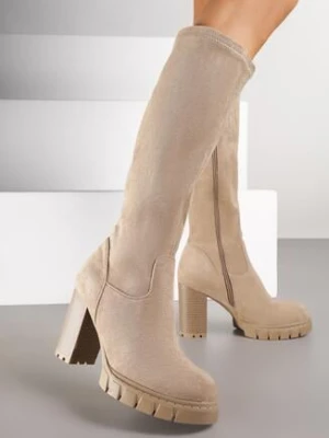 Ciemnobeżowe Kozaki z Imitacji Zamszu na Słupkowym Obcasie Falirelle ideal