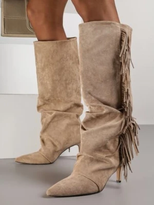 Ciemnobeżowe Kozaki z Imitacji Zamszu na Szpilce z Marszczoną Cholewką z Frędzlami Linotris