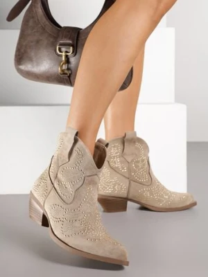 Ciemnobeżowe Krótkie Botki Typu Kowboki z Cyrkoniowym Zdobieniem Lalare ideal