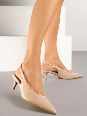Ciemnobeżowe Lakierowane Czółenka Slingback Vices na Obcasie Typu Kaczuszka Sonilitia