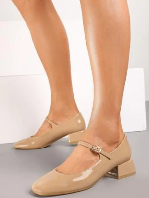 Ciemnobeżowe Lakierowane Czółenka w Stylu Mary Jane na Niskim Słupku Zindira