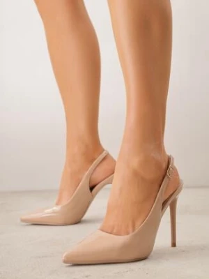 Ciemnobeżowe Lakierowane Szpilki VICES z Odkrytą Piętą i Wkładką ze Skóry Naturalnej Salena