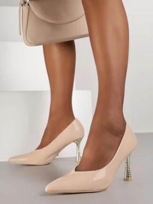 Ciemnobeżowe Lakierowane Szpilki Vices ze Skórzaną Wkładką na Obcasie z Cyrkoniami Afirrive