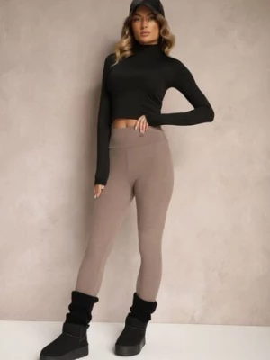 Ciemnobeżowe Legginsy High Waist z Metaliczną Ozdobą Batila