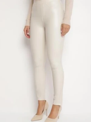 Ciemnobeżowe Legginsy z Ekoskóry z Wysokim Stanem i Imitacją Kieszeni Merievia defox