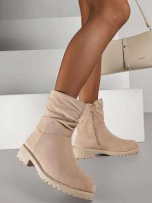 Ciemnobeżowe Marszczone Botki do Kostki z Imitacji Zamszu Espinea ballada