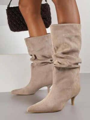 Ciemnobeżowe Marszczone Botki na Obcasie Typu Kaczuszka Nalonia marquiiz