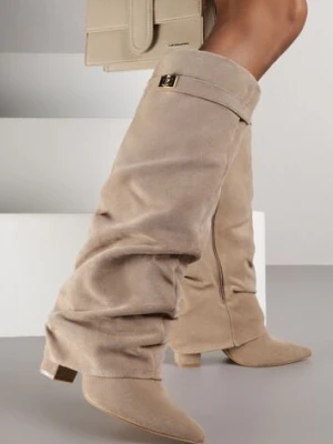 Ciemnobeżowe Marszczone Kozaki na Słupkowym Obcasie z Wywiniętą Cholewką Runella