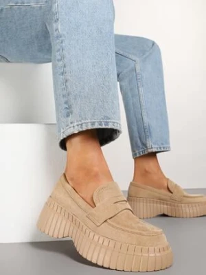 Ciemnobeżowe Mokasyny na Grubej Tłoczonej Podeszwie z Ozdobnym Paskiem Fonamia