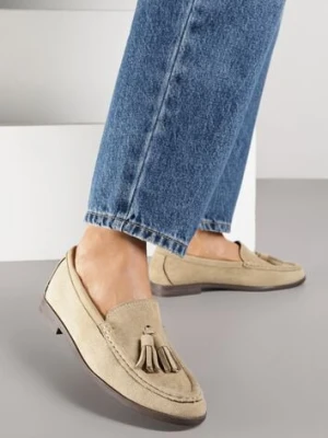 Ciemnobeżowe Mokasyny z Imitacji Zamszu z Aplikacją z Frędzlami Nalonissa joalice paris