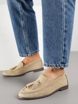 Ciemnobeżowe Mokasyny z Imitacji Zamszu Zdobione Frędzlami Naloretia joalice paris